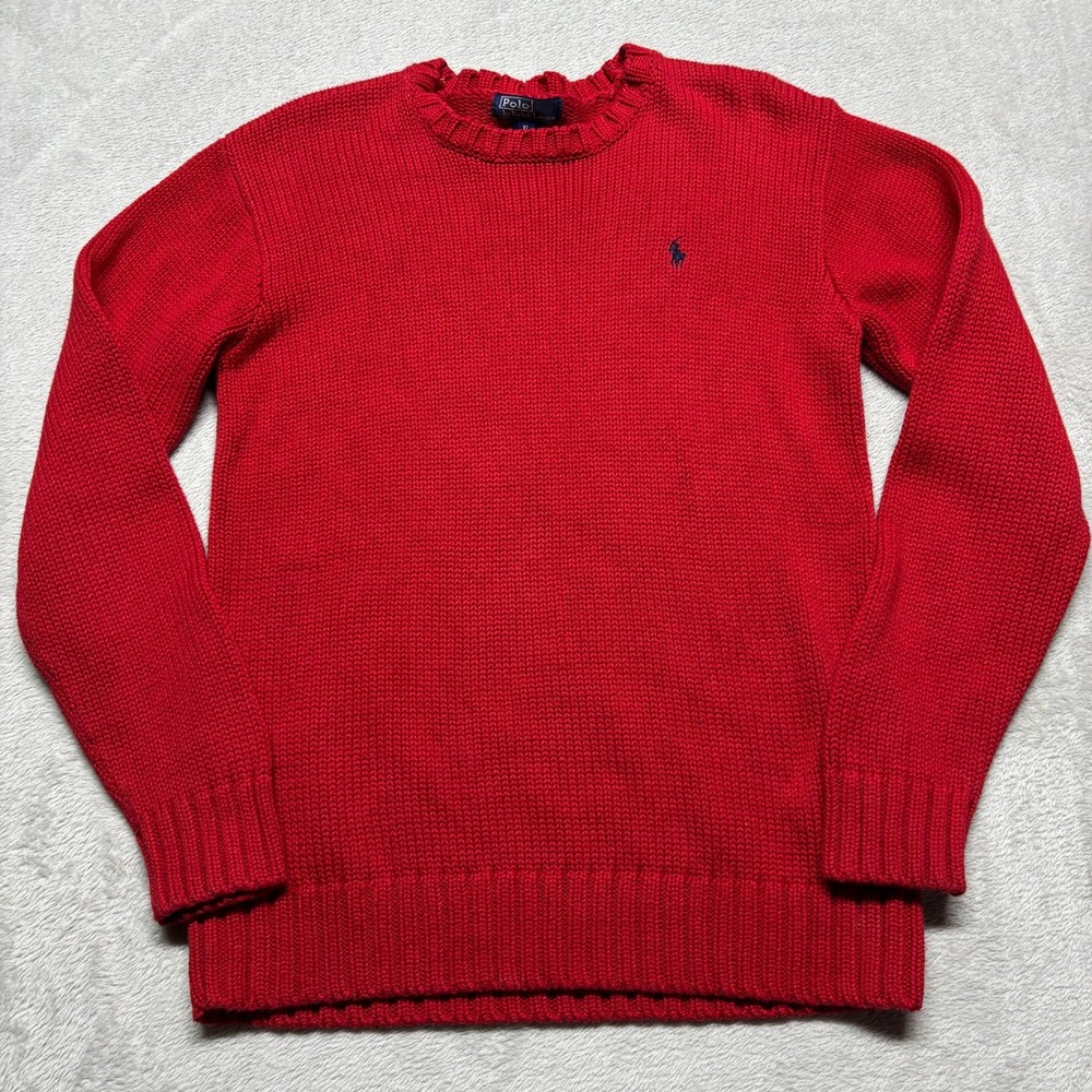 VTG Polo Ralph Lauren Cable Knit Sweater Womens XL RED Crew Neck Cotton Casual - Picture 2 of 6